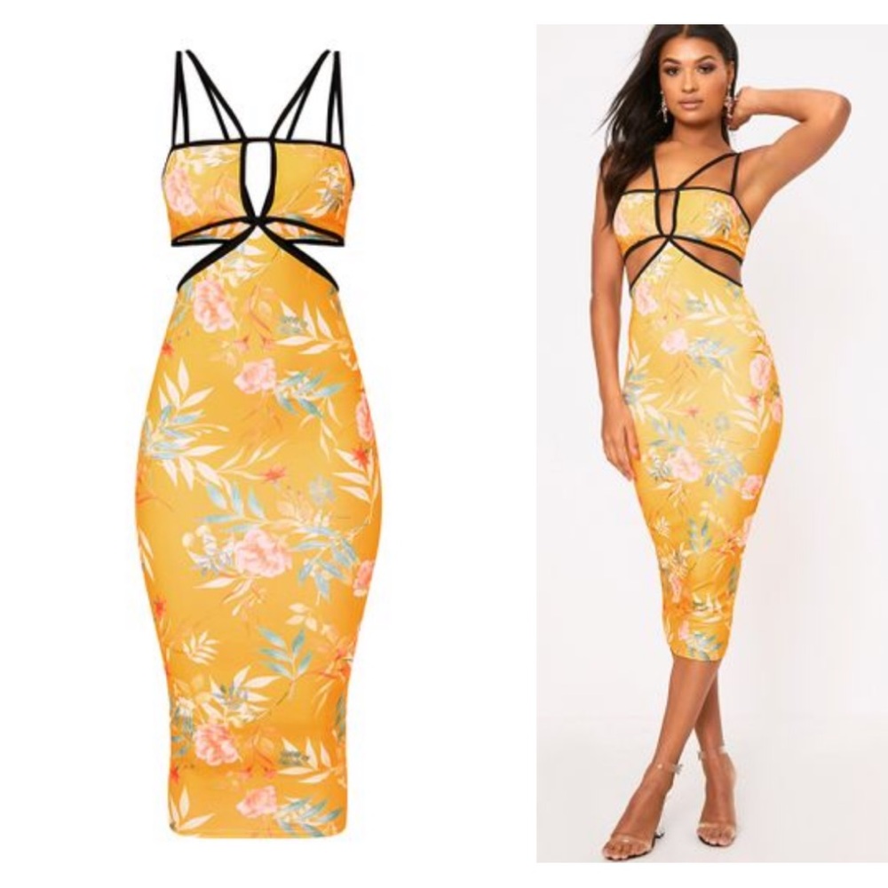 Yellow Floral Cute Out Midi Dress
